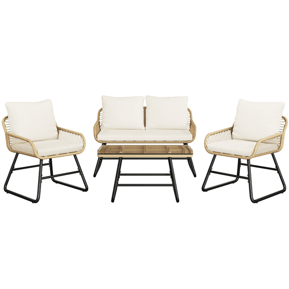 Renwick 4-Piece Patio Wicker Conversation Set with Loveseat, Table, 2 Chairs, Tan/Cream