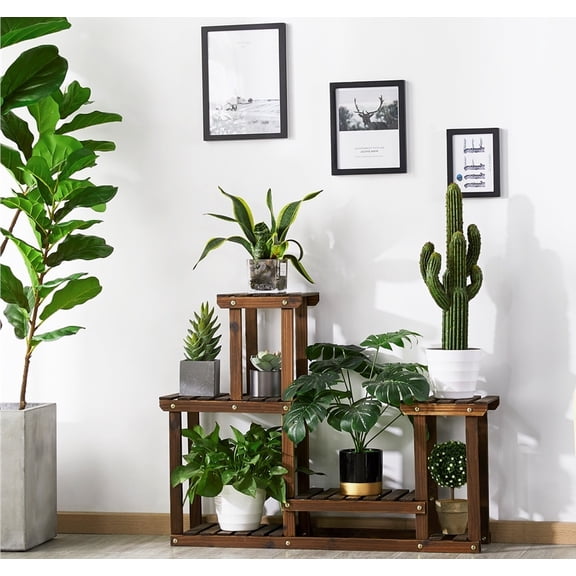 Renwick 4 Tier Wood Plant Stand with Slatted Open Shelves, Brown