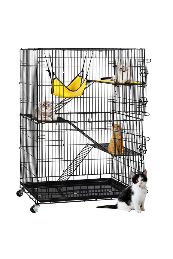 4 Tiers Rolling Cat Cage Pet Cage with Hammock, Black