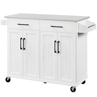 Renwick 42in Kitchen Island on Wheels with Storage Drawers & Cabinets, White