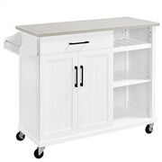 Renwick 42in Rolling Kitchen Island Cart with Stainless Steel Top and Storage, White