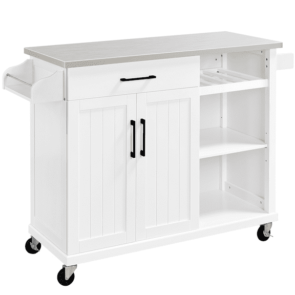 Renwick 42in Rolling Kitchen Island Cart with Stainless Steel Top and Storage, White