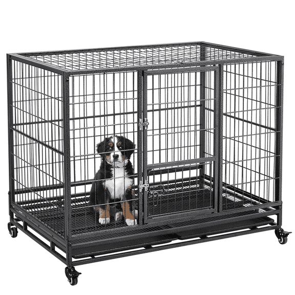Easyfashion 43 inch Heavy Duty Metal Rolling Dog Cage Kennel,Black