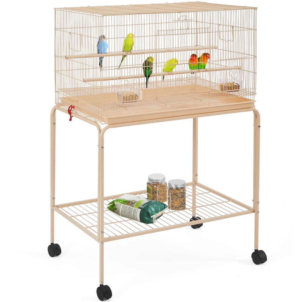 Renwick 47"H Rolling Stand Flight Metal Bird Cage with Slide-Out Tray for Small Birds, Almond