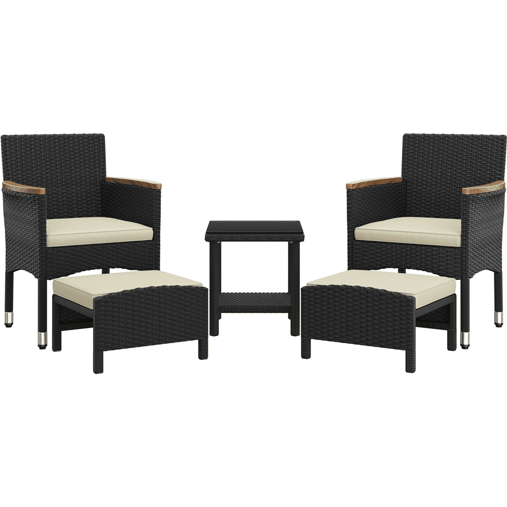 Renwick 5-Piece Outdoor Conversation Set with Chairs, Ottomans, Coffee Table, Black/Beige