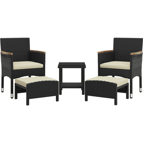 Renwick 5-Piece Outdoor Conversation Set with Chairs, Ottomans, Coffee Table, Black/Beige