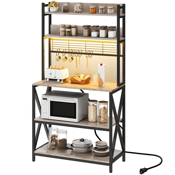 Renwick 5-Tier Industrial Kitchen Baker's Rack with LED Light and Power Outlets, Gray