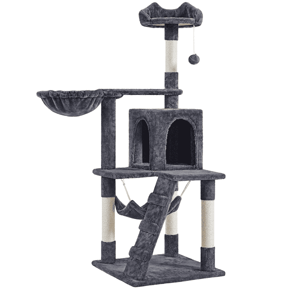 Alden Design 54" Cat Tree with Hammock, Basket and Scratching Post Tower, Dark Gray