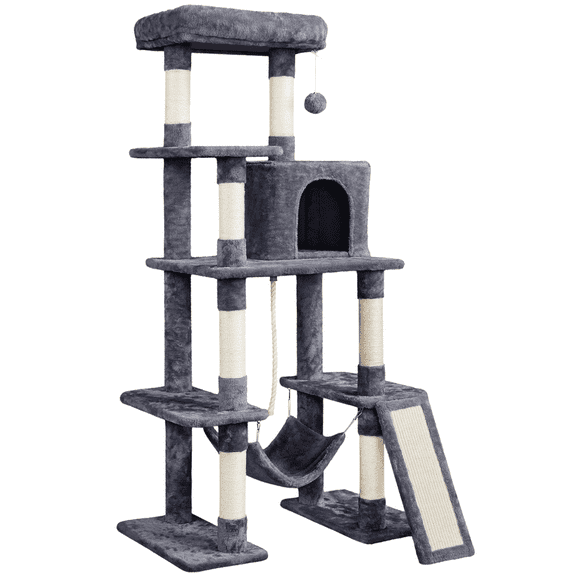 Renwick 54″ Tall Multilevel Plush Cat Tree with Hammock Scratching Posts, Dark Gray