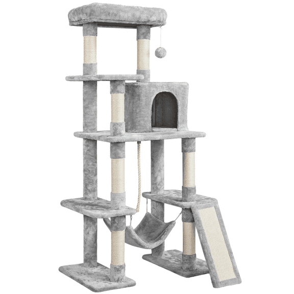 Renwick 54″ Tall Multilevel Plush Cat Tree with Hammock Scratching Posts, Light Gray