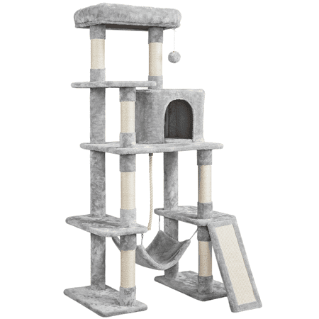 Renwick 54″ Tall Multilevel Plush Cat Tree with Hammock Scratching Posts, Light Gray