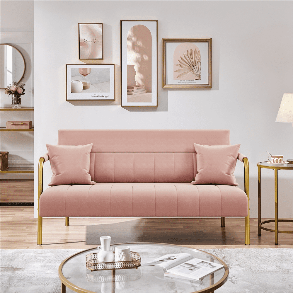 Renwick 56.5'' W Modern Sofa Couch Small Sofa with 2 Pillows Upholstered Loveseat with Gold-tone Metal Arms and Legs for Living Room Bedroom and Home Office, Pink