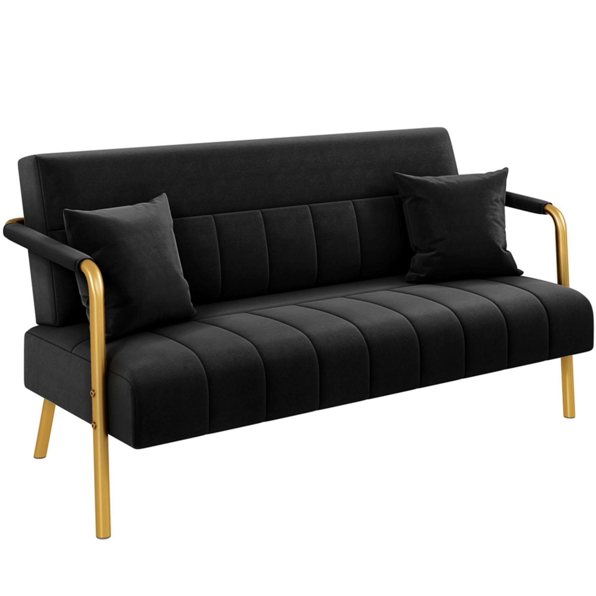 Renwick 56.5" W Upholstered Sofa Couch with Gold Tone Metal Arms and Legs, Black