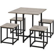 Renwick 5Pcs Dining Set with Industrial Square Table and 4 Backless Chairs, Drift Brown