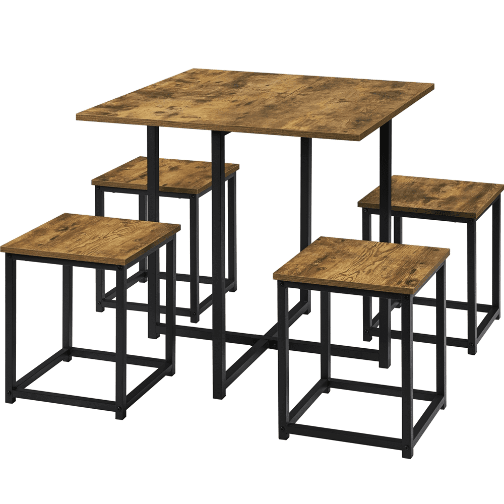 Renwick 5-Piece Dining Set with Industrial Square Table and 4 Backless Chairs, Rustic Brown