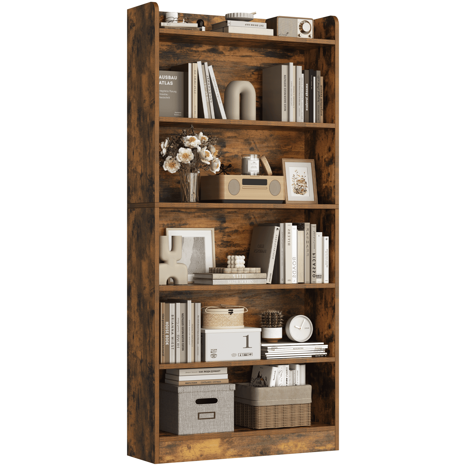 Renwick 6-Tier Open Shelf Bookcase with Top Open Compartment, Rustic Brown