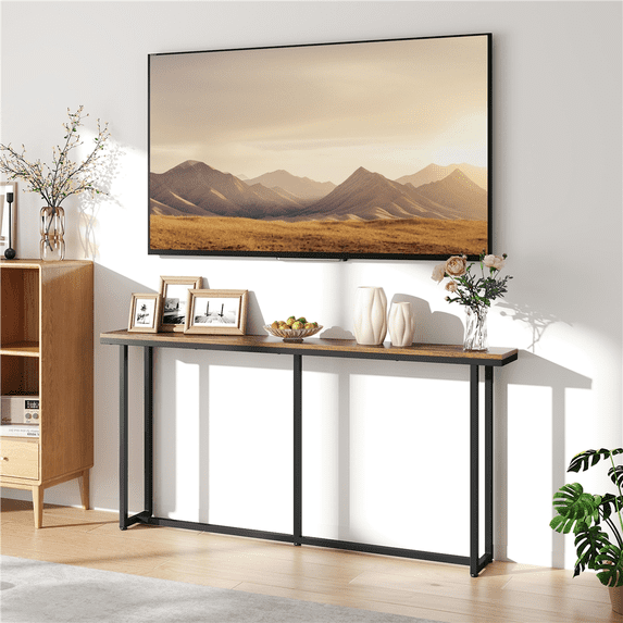 Renwick 63" L Modern Extended Console Table for Hallway Living Room, Rustic Brown