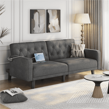 Renwick 63in Convertible Futon Sofa Bed with USB Ports for Living Room, Dark Gray