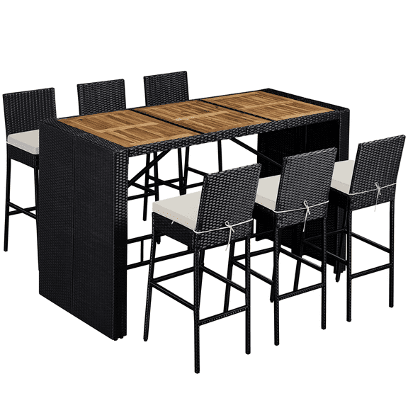Renwick 7-Piece Outdoor Bar Table and Chairs Set with Wood Top and Cushions, Black/Beige