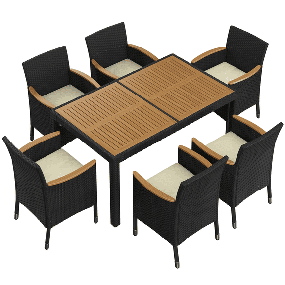 Renwick 7-Piece Outdoor Rattan Dining Set with Table and 6 Chairs, Black/Beige