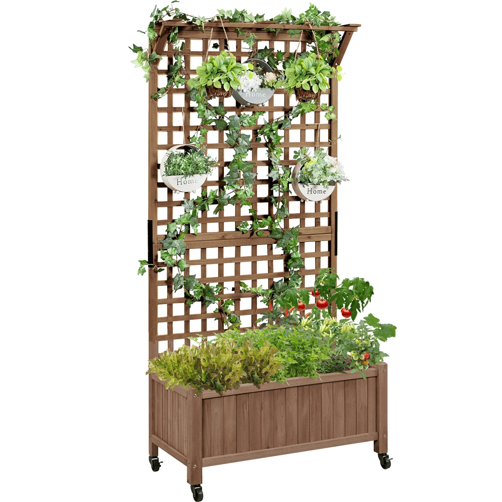 Renwick 72" H Rolling Wood Planter Raised Bed with Trellis, Dark Brown