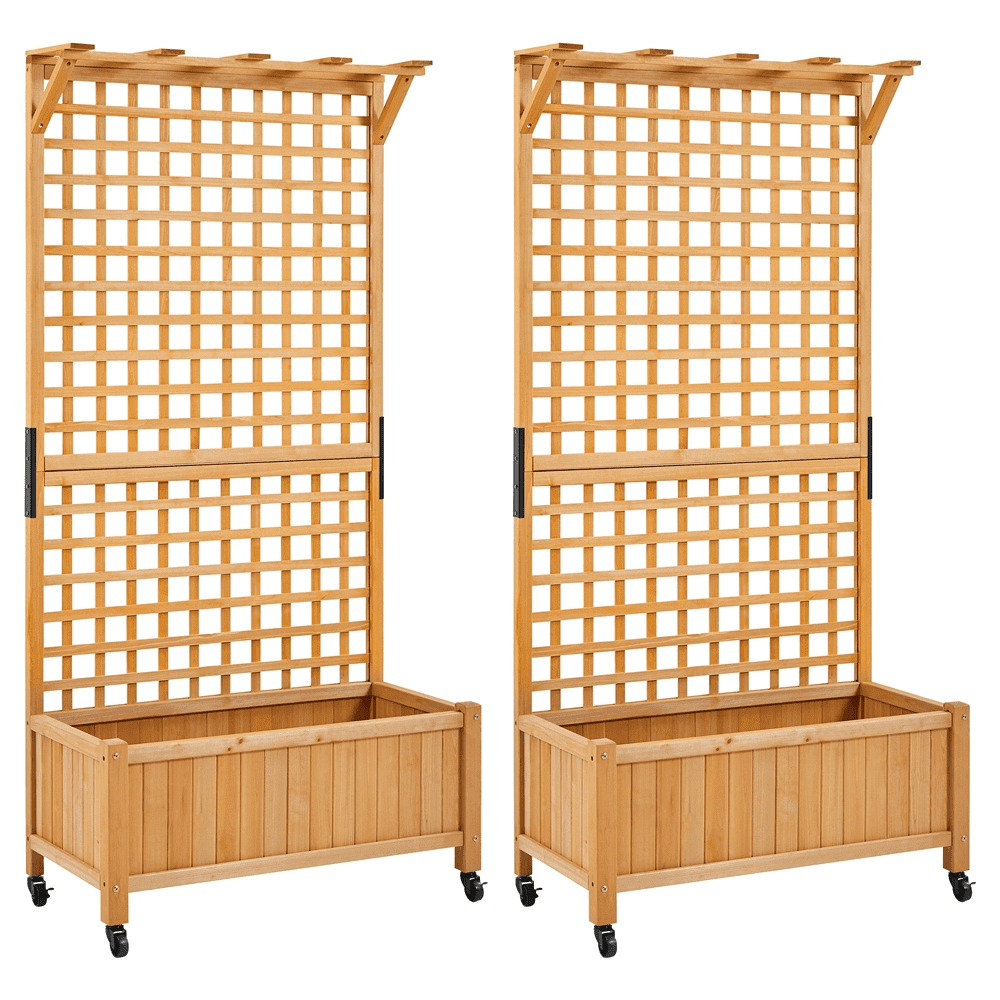 Renwick 72" H Rolling Wood Planter Raised Bed with Trellis, Set of 2, Light Brown