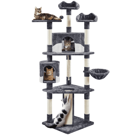 Renwick 79" Multilevel Cat Tree Tower with Scratching Posts, Dark Gray/Beige