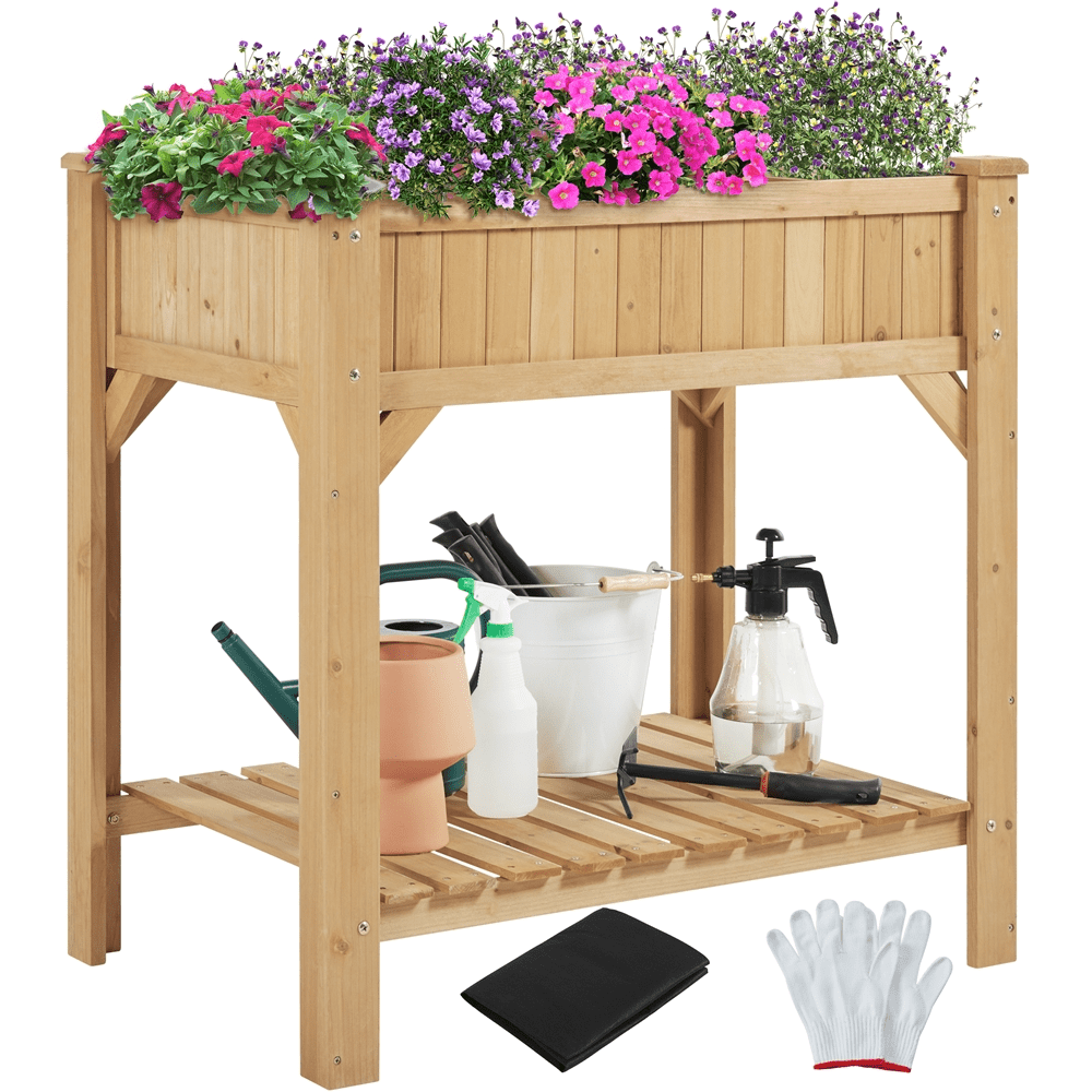 Renwick 8 Pocket Wood Elevated Raised Garden Bed with Fabric Liner, Light Brown