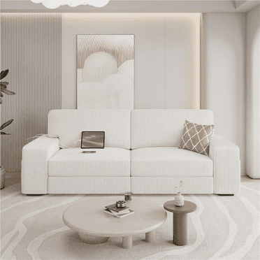 Renwick 83.5'' W 2-Seater Modern Corduroy Fabric Sofa Couch with USB Charging Ports, All Ages, Ivory