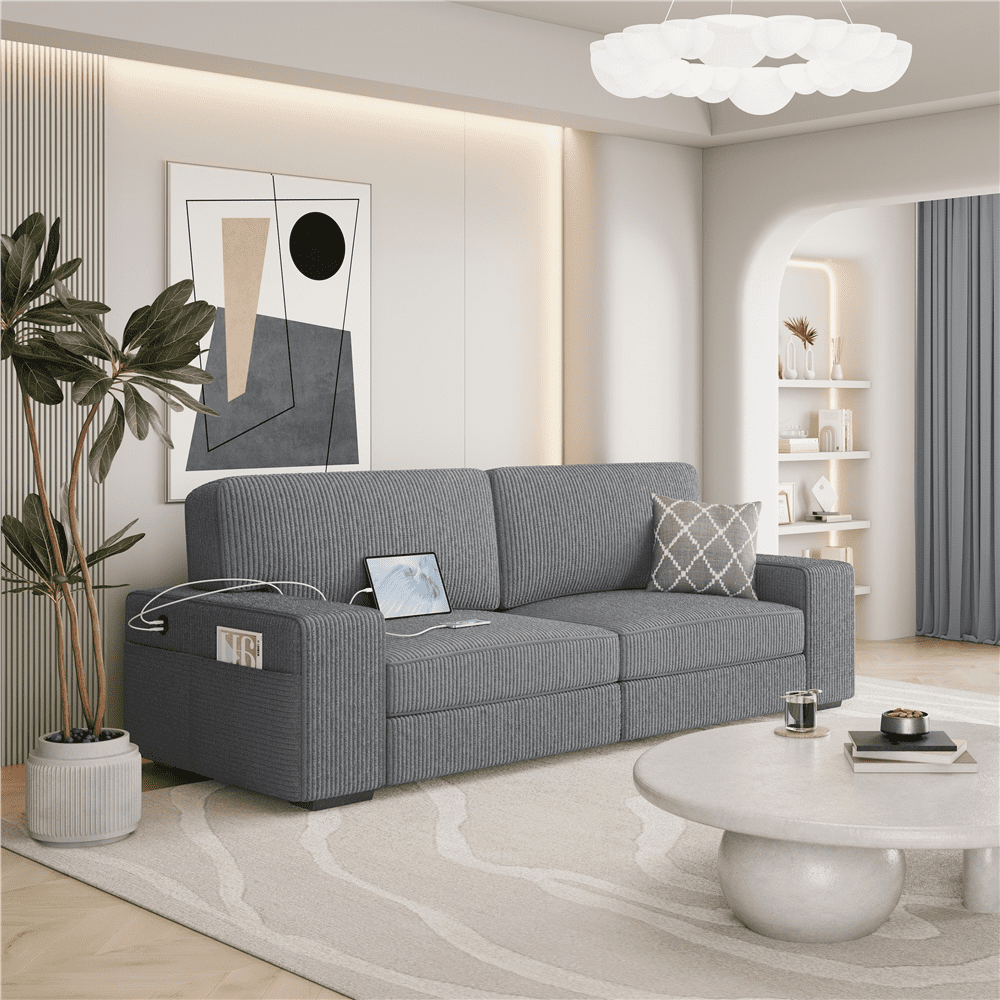 Renwick 83.5'' W 2-Seater Modern Corduroy Fabric Sofa Couch with USB Charging Ports for All Ages, Dark Gray