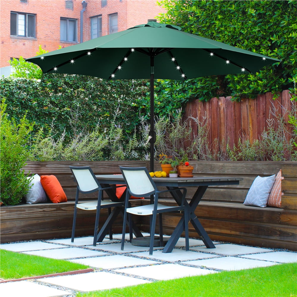 Renwick 9' Dark Green Octagon Market Patio Umbrellas, Solar Lighted