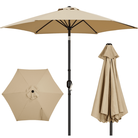 Renwick 9 ft Outdoor Patio Umbrella with Push Button Tilt and Crank, Tan