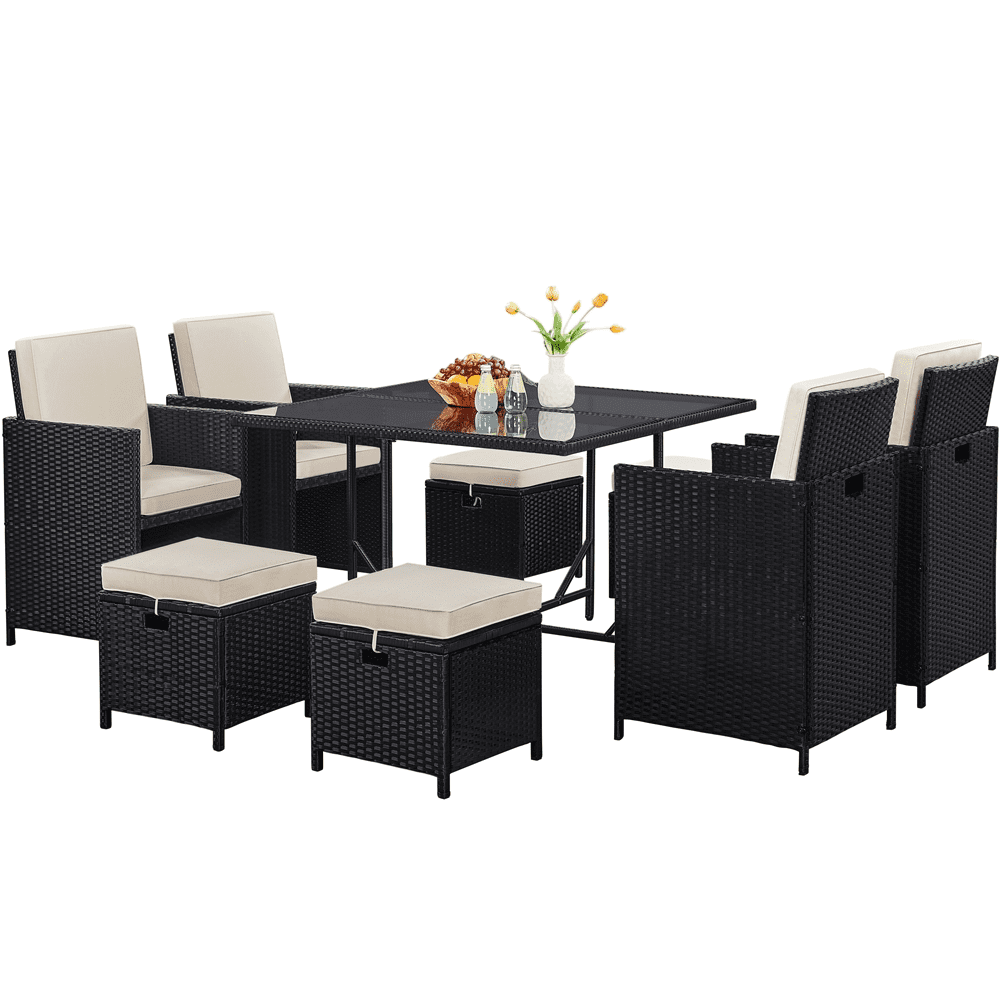 Renwick 9-Piece Patio Dining Set with Rattan Chairs, Table and Ottomans, Black/Beige