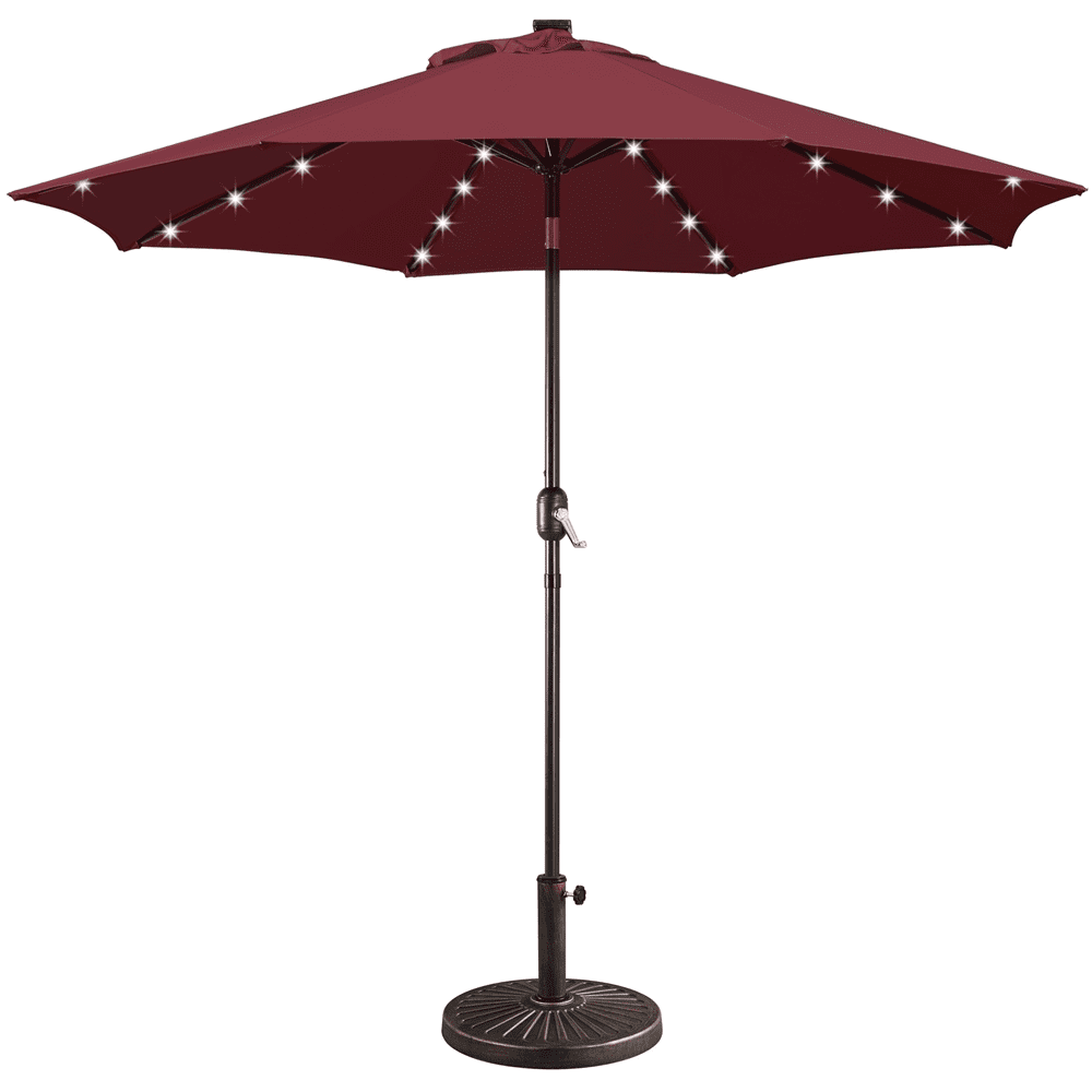 Renwick 9 ft Solar LED Patio Umbrella with Base and Tilt Crank, Burgundy