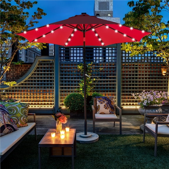 Renwick 96" Red Solid Print Octagon Market Patio Umbrellas, LED Lights