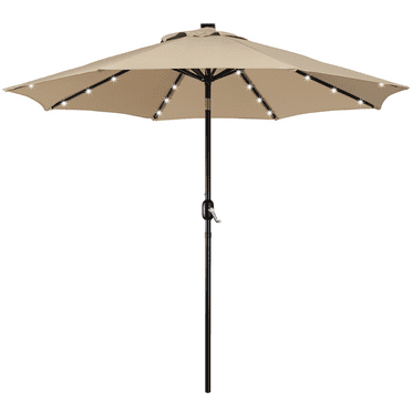 Renwick 9ft Outdoor Market Patio Umbrella with 32 LED Lights, Tan