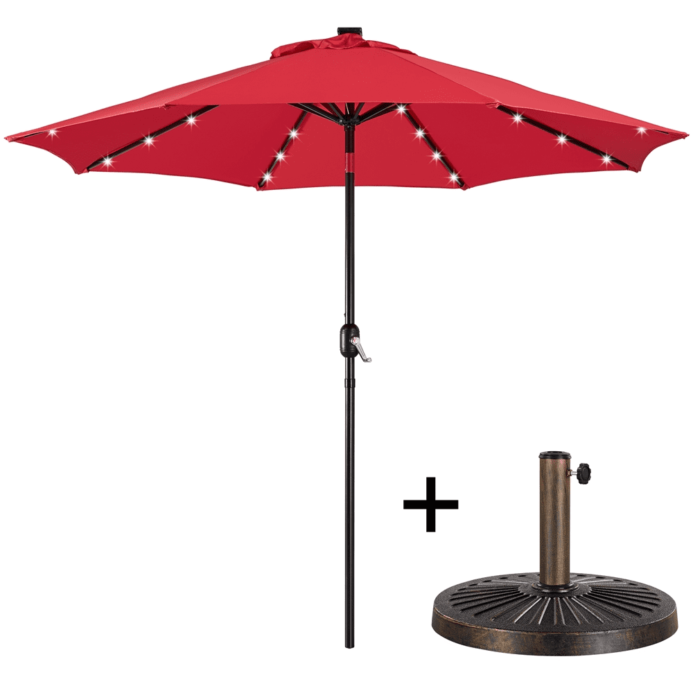 Renwick 9ft Outdoor Market Patio Umbrella with 32 LED Lights and Base Stand, Red