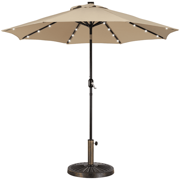 Renwick 9ft Outdoor Market Patio Umbrella with 32 LED Lights and Base Stand, Tan