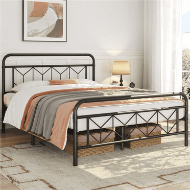 Renwick Vintage Metal Platform Queen Bed, All Ages, Black