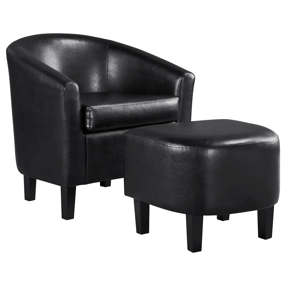 Renwick Barrel Accent Chair with Ottoman, Black Faux Leather - Walmart.com