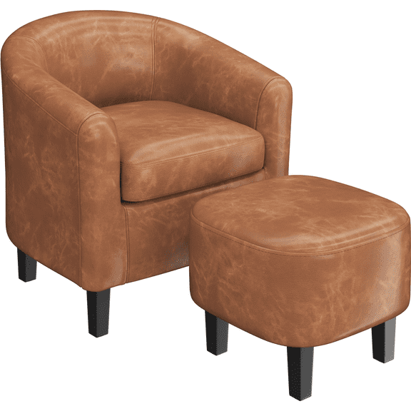 Renwick Barrel Accent Chair with Ottoman, Brown Faux Leather