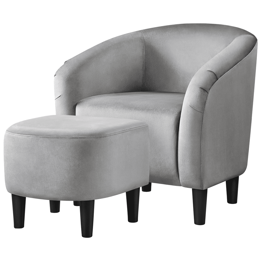 Gray Velvet Barrel Accent Chair with Ottoman and Solid Wood Legs