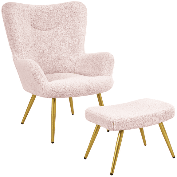 Renwick Boucle Accent Chair and Ottoman Set with Golden Metal Legs, Pink