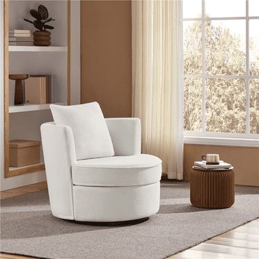 Renwick Boucle Swivel Accent Armchair with Throw Pillow, White