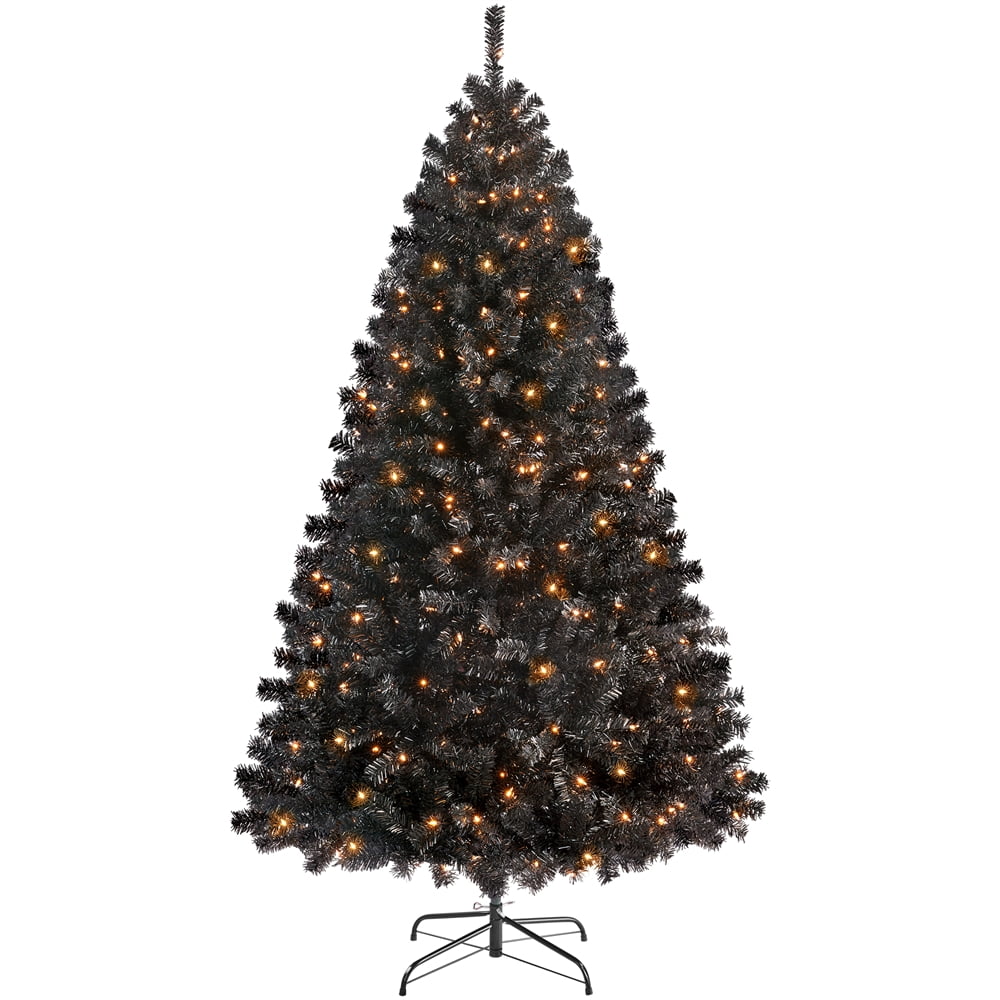 Easyfashion Clear Prelit 300 Incandescent Black Prelit Spruce Foldable Artificial Christmas Tree, 6'
