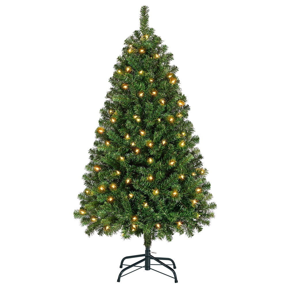 Easyfashion 4.5 Ft Pre-lit Spruce Artificial Christmas Tree Foldable Holiday Decorative Tree with 300 incandescent lights, Green