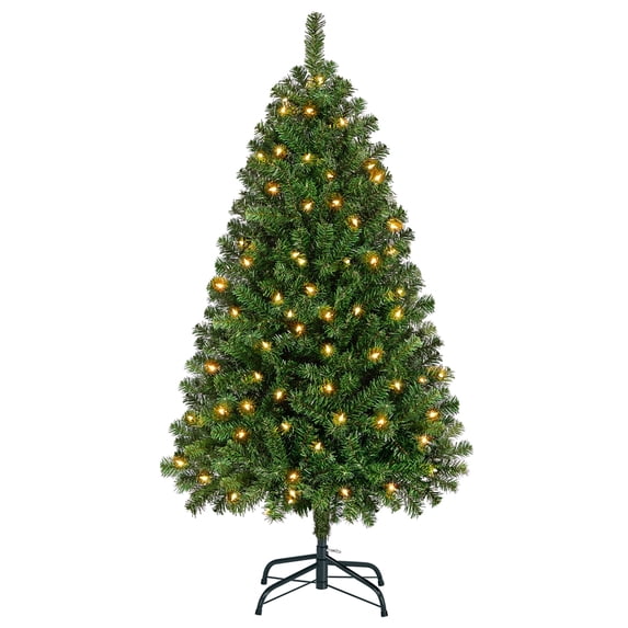 Easyfashion 4.5 Ft Pre-lit Spruce Artificial Christmas Tree Foldable Holiday Decorative Tree with 300 incandescent lights, Green