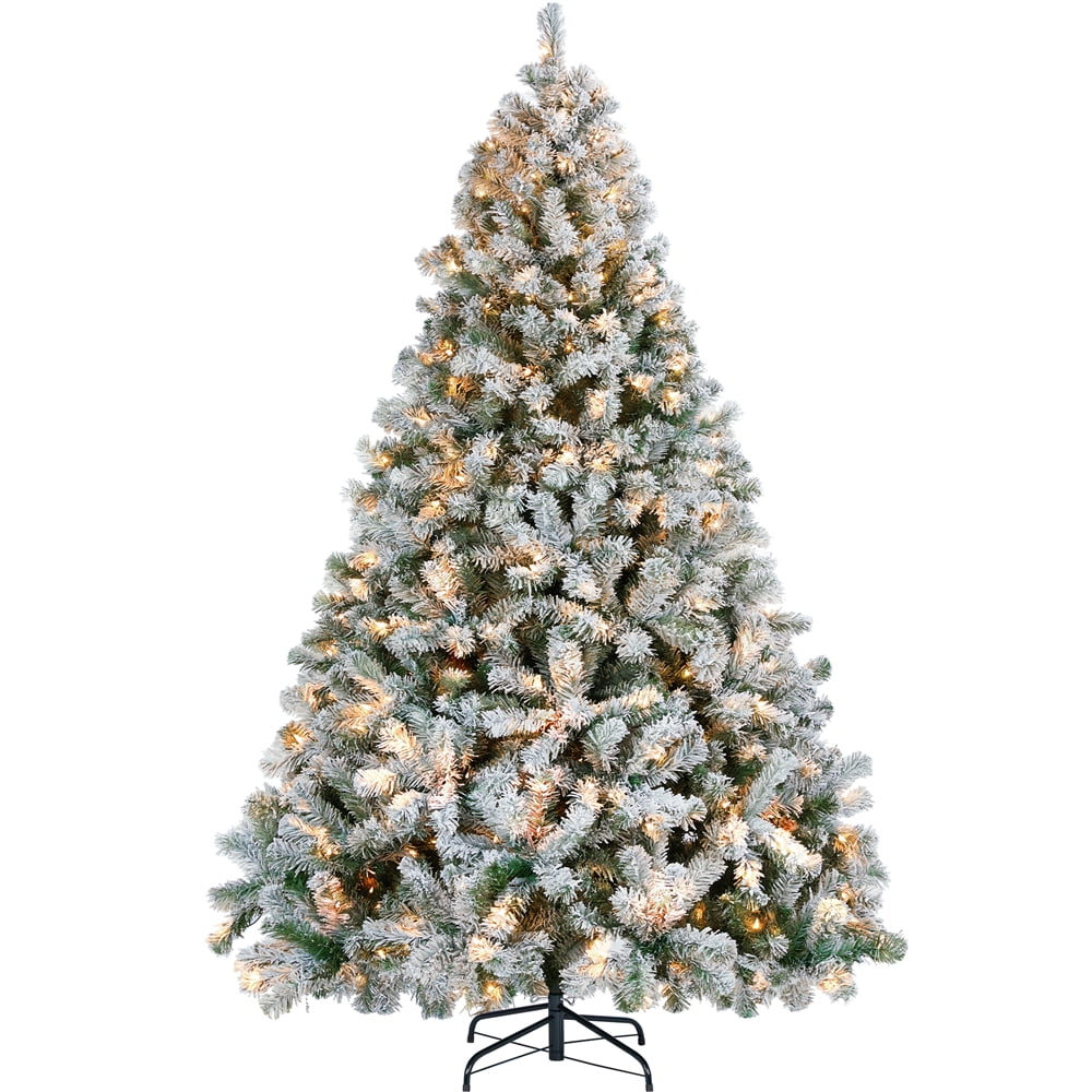 Easyfashion Clear Prelit Incandescent Green Snow Flocked Spruce Artificial Christmas Tree, 7.5'