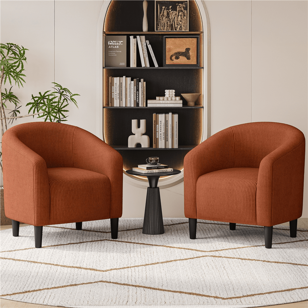 Renwick Corduroy Fabric Accent Barrel Chair with Elastic Foam Fills, Set of 2, Brick Red