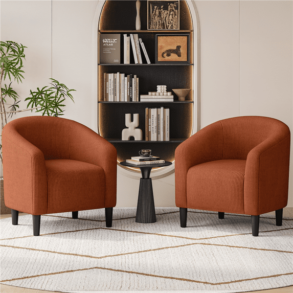 Renwick Corduroy Fabric Accent Barrel Chair with Elastic Foam Fills, Set of 2, Brick Red